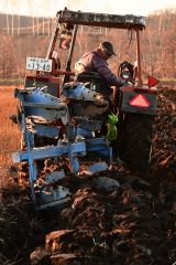 来季に向けてプラウで耕起作業を進める河野さん