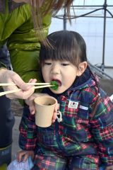 取れたてのちぢみホウレンソウをしゃぶしゃぶで食べる子ども