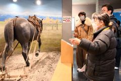 馬の資料館で、かつての暮らしについて学ぶアンジーさん