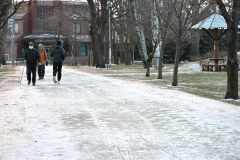 凍結した歩道を慎重に歩く市民（３日午前６時５０分ごろ、帯広市の緑ケ丘公園で。須貝拓也撮影）