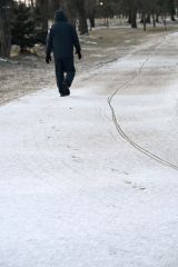 凍結した歩道を慎重に歩く市民（３日午前６時半ごろ、帯広市の緑ケ丘公園で。須貝拓也撮影）