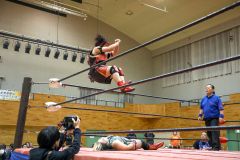 飛ぶ、ぶつかる、殴る―。激しい戦いで町民を引きつけた